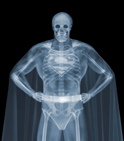 In the work 'Superman and Clark Kent,' the bones of the human character are visible through the outer trappings of his alter ego Superman, and the cloak and the 'S' on the tunic are faintly depicted. All images courtesy of Nick Veasey, Radar Studio.