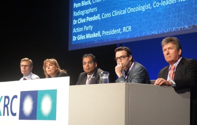 Panel members during the UKRC outsourcing debate. From the left: Dr. Stephen Davies, Pam Black, Krishnan Guru Murthy, Dr. Clive Peedell, and Dr. Giles Maskell.
