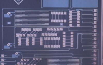One of the silicon photonics chips used for the laser Doppler vibrometry project. Image courtesy of Roel Baets.