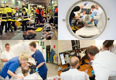 Actors were employed to stage a simulated mass casualty incident involving 70 patients. Images courtesy of the University of Munich.