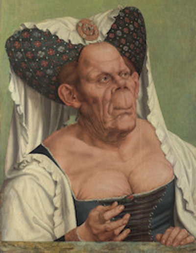 An Old Woman (known as 'The Ugly Duchess'), was painted in about 1513 by Quinten Massys (1465/6-1530). Oil on oak, 62.4 x 45.5 cm. Bequeathed by Miss Jenny Louisa Roberta Blaker in 1947. Copyright of National Gallery, London.