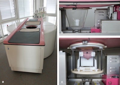 The cone-beam breast CT device from Koning. A: Examination table with integrated horizontally arranged gantry. B: View of the breast unit positioned under the table. C: Dedicated intervention unit for interventional procedures (biopsy, localization). All images courtesy of Diagnostic Breast Center Göttingen.
