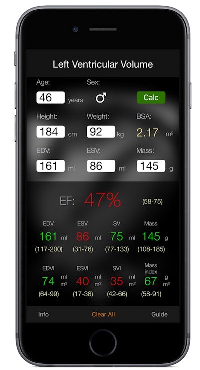 The app also features calculators for CMR tasks such as estimating heart chamber volumes.