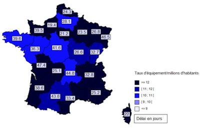 Delay in days per region for obtaining an MRI in 2016. Colors represent number of MRI units per million inhabitants.