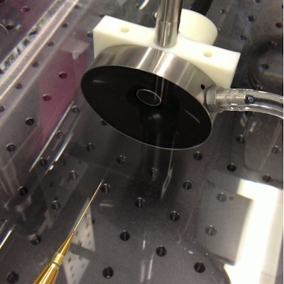 A receive-only 7.5 MHz transducer was aligned co-axially with a 0.5 MHz transmitting ultrasound transducer to detect the acoustic emissions of cavitating microbubbles. The photo shows a third, needle hydrophone transducer used to accurately locate and align the foci of the two transducers for placement of the tube of microbubbles.