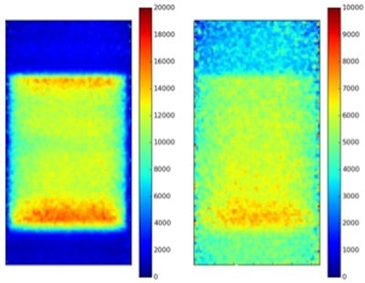 PET images obtained when irradiating a PMMA phantom (10 x 10 x 20 cm, placed at the isocenter, the long side is parallel to the beam direction with the beam entering from the top) with a proton beam of 144 MeV (total dose 4.5 Gy). The left image was obtained during the inter-spill phase, the right image during the in-spill phase.