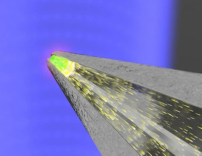 A nano-optical antenna directs light from a scintillator down a thin optical fiber for indirect x-ray detection. Image courtesy of Miguel Angel Suarez, FEMTO-ST Institute.