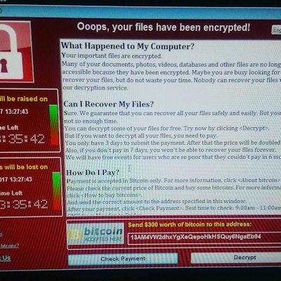 Screenshot of ransomware seen at many NHS facilities.