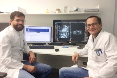 Without structured reporting, valuable imaging data are getting lost, warned Dr. Daniel Pinto dos Santos (left), pictured here with colleague Dr. Thorsten Persigehl. Image courtesy of Finn Drescher.