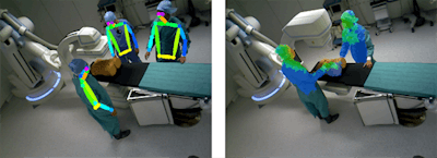 Ceiling-mounted RGB-D cameras are used to perceive the current operating room environment and extract information such as the current pose of the clinicians in the scene. Such information is then exploited by Monte Carlo simulations for providing visual feedback about radiation exposure consistent to the current room layout, such as the current body part radiation exposure of clinical staff.