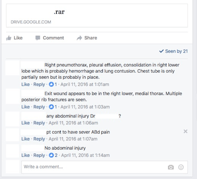 Screenshot of a Facebook post that includes a link to the patient's CT scan images. Discussion between the radiologist and the clinical team took place in a form of Facebook comments. All images courtesy of Dr. Abdulrahman Masrani.