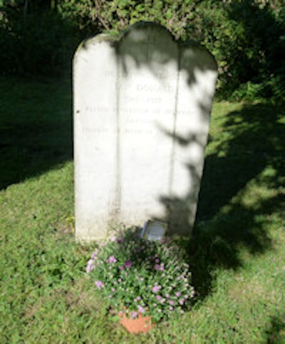 The grave of Ian Donald in Paglesham: 'In loving memory, Ian Donald, 1910-1987, Regius Professor of Midwifery, Glasgow, pioneer of medical ultrasound.'