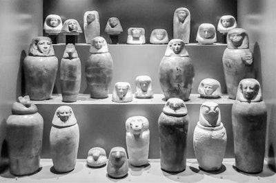 Ancient Egyptian canopic jars on display in the Egyptian collection of the Archaeological Museum in Zagreb, Croatia. Photograph by Dr. Patrick Eppenberger, with kind permission of the Archaeological Museum.