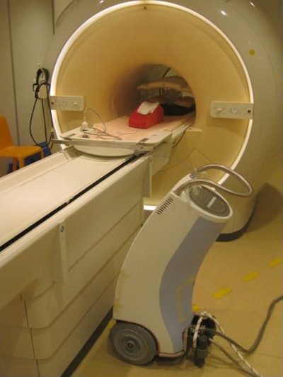 The prototype MR conditional afterloader positioned next to the MRI scanner. All images courtesy of E Beld et al, Int J Radiat Oncol Biol Phys, 10.1016/j.ijrobp.2018.04.066, © 2018 Elsevier.
