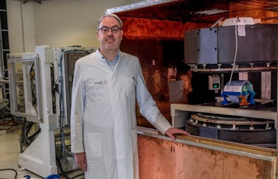 Aswin Hoffmann, PhD, and his team installed an open MR scanner (seen on the right of the photo) in the path of the proton beam in the experimental room at OncoRay. Image courtesy of HZDR/R. Weisflog.