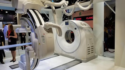 A new Alphenix 4D CT configuration that pairs its Alphenix interventional angiography system with a CT scanner is a highlight in Canon's booth.