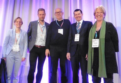 The debate speakers (left to right): Daniela Thorwarth, PhD; Ludvig Muren, PhD; Ben Heijmen, PhD; Julian Malicki, PhD; and Giovanna Gagliardi, PhD.
