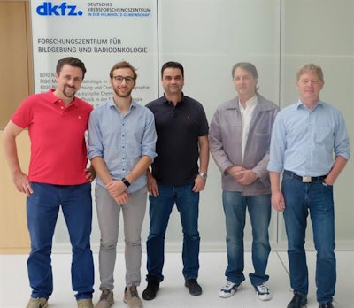 The researchers (left to right): Paulo Martins, Riccardo Dal Bello, and Joao Seco from the German Cancer Research Center; Thomas Kihm and German Hermann from the Max Planck Institute for Nuclear Physics. Image courtesy of Joao Seco.