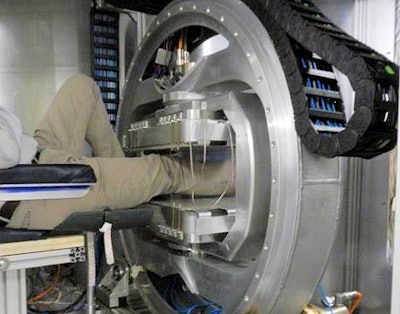 The prototype mini-MRI scanner could be used for diagnosing knee injuries. Image courtesy of Imperial College London/Magnetic Resonance in Medicine.