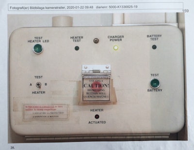 A photo of the emergency button in the mobile unit at Luleå. Quenching a magnet involves turning off the magnetic field, and the button should only be used in a life-threatening emergency. It places the scanner out of service for a week or more, may damage the magnet, and costs over 30,000 euros to replace the lost liquid helium, MRI Questions explains.