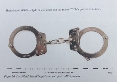 The British-made handcuffs and aluminum baton found in the mobile unit located outside Sunderby Hospital in Luleå, where the accident happened. All photos courtesy of the Swedish police.