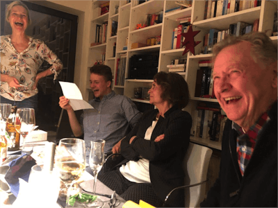 Kuhl family celebrations are never dull! From the left: sister Gitta, Gitta's son Marcian, mother Anne, and father Guenther.