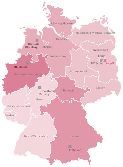 Map shows location of Kooperationsgemeinschaft Mammographie (KoopG) and the five reference centers (RC) with their assigned region of responsibility. Image courtesy of Dr. Vanessa Kääb-Sanyal.