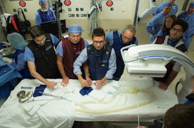 Teamwork and a hands-on approach are essential in endovascular simulation. (Photo taken before COVID-19 pandemic)