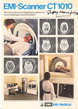 Brochure cover for the EMI 1010 scanner, signed by Godfrey Hounsfield.