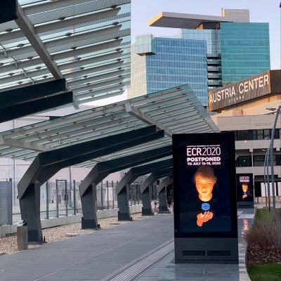 The doors of the Austria Center remained firmly shut in March 2020. The venue is currently being used as a rapid testing facility for Vienna. Photo courtesy of Dr. Erik Ranschaert, PhD.