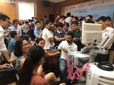 Practical hands-on training in south-east Asia is provided by Dr. Salman Ansari, a final-year radiology registrar at Royal Prince Alfred Hospital in Sydney and director of RAB's collaboration with the Australasian Musculoskeletal Imaging Group (AMSIG). All photos taken before COVID-19 pandemic and courtesy of Dr. Suresh de Silva & RAB.