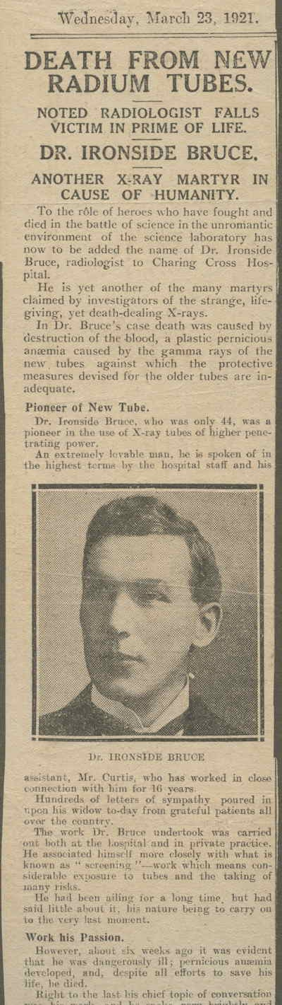 Newspaper report of the death of Ironside Bruce.