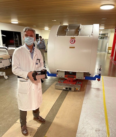 Prof. Dr. Elmar Merkle, head of radiology and nuclear medicine at the University Hospital in Basel, used a control panel to move the magnet of the Magnetom Free.Max into its final location. Photos courtesy of Siemens Healthineers.