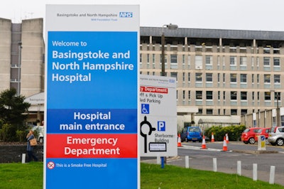 The main entrance of the Basingstoke and North Hampshire Hospital, southwest of London. Photo courtesy of Alamy.