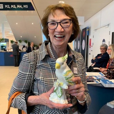 Prof. Dame Janet Husband pictured here with Imogen, the mascot of the International Cancer Imaging Society (ICIS). Photo courtesy of ICIS.