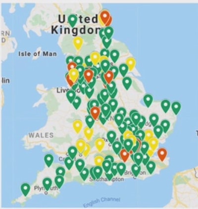 The green markers show imaging sites in England visited by the GIRFT team before the pandemic. Most of the yellow markers are now green. Image courtesy of Dr. Giles Maskell and GIRFT.