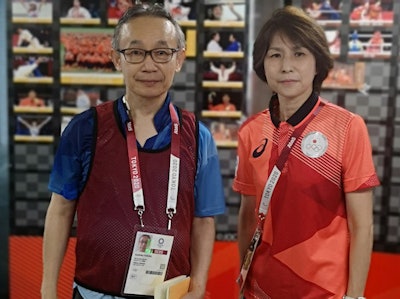 Emeritus Prof. Kunihiko Fukuda, former chair of radiology at The Jikei University School of Medicine, worked at the Olympic Village as a volunteer in charge of MRI reporting. He is shown here with Dr. Michiko Dohi, a sports physician and radiologist based at the Japan Institute of Sports Science, where she is vice director and takes care of Olympic athletes. Dohi was Japan's team doctor at previous men's and women's soccer World Cups, and works with female athletes on topics such as menstruation, pregnancy, return to sport after giving birth, and sexual development disorders. Image courtesy of Emeritus Prof. Kunihiko Fukuda.