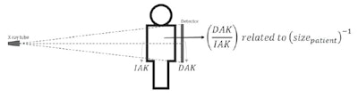 The researchers hypothesized that an attenuation metric, related to the ratio of detector air-kerma to incident air-kerma (DAK/IAK), would inversely relate to the patient size. Image courtesy of Physics in Medicine & Biology.