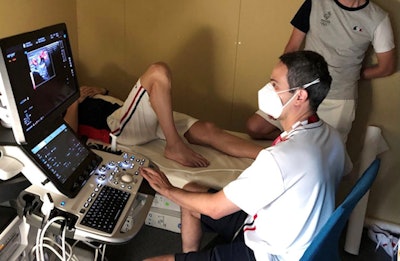 Dr. Michel Daoud Crema performs one of the 80 ultrasound examinations carried out on French athletes at Tokyo 2020. All images courtesy of Dr. Michel Daoud Crema.