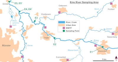 Map of the Ems River sampling area that shows the individual sampling points and the location of wastewater treatment plants (WWTPs) as sources of anthropogenic gadolinium in surface waters. Samples E1-E5 were obtained in September 2019, and samples E4 and E5 were collected in December 2019. Figures courtesy of Marcel Macke et al. and Water Research.