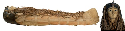 Left image: Right lateral view of the mummy of Amenhotep I shows the body fully wrapped in linen, covered from head to foot with floral garlands and wearing a head mask. Right image: Picture of the head mask of the mummy of Amenhotep I made of painted wood and cartonnage.