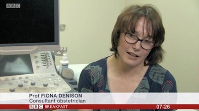 Fiona Denison is shown here during a June 2019 TV interview with BBC News about the importance of multidisciplinary specialist care and support for obese women during pregnancy.