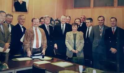 Struyven (in center of photo, with glasses) was a valued and active member of the Belgian community of radiologists, particularly during the 1980s and 1990s. Other leading figures in this photo include Prof. Robert Dondelinger (with brown tie and jacket and moustache) and Prof. Danielle Balériaux.