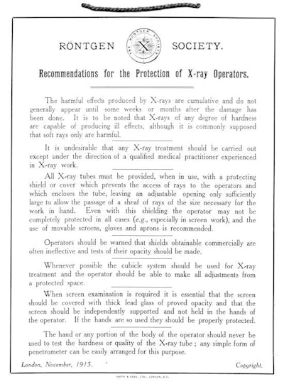 The 1915 radiation protection recommendations.