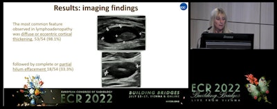 Dr. Carola Catanese from the Imaging Institute of Italian Switzerland talked at the ECR annual meeting about her team's study on the prevalence, time regression, and characteristics of swollen lymph nodes related to COVID-19 vaccination. Two such characteristics in these patients (pictured) are diffuse or eccentric cortical thickening and partial hilum effacement.
