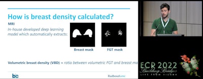 Dr. Riccardo Samperna from Radboud University Medical Center in the Netherlands presents research at ECR 2022 in Vienna that addresses gaps in automated breast density assessments. Samperna and colleagues used mammographic measures, as well as Radbound's in-house machine learning model, to match mammography and MRI cases in women with dense breasts, with the goal of easier personalized care.