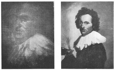 (Left) Portrait of an Artist by Frans Hals in original state. (Right) Radiograph of Portrait of an Artist, then with covering paint removed. Courtesy of the BJR.