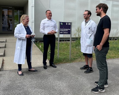 Members of the Berlin team. From left to right are Dr. Sonia Waiczies, principal investigator, experimental ultrahigh-field MR; Thoralf Niendorf; Dr. Jason M. Millward, senior research fellow, experimental ultrahigh-field MR in neuroimmunology; and Ludger Starke, doctoral candidate, experimental ultrahigh-field MR.