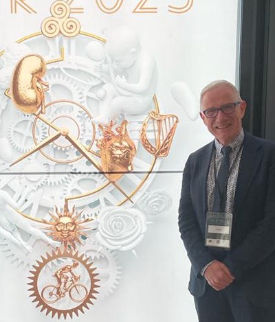 At the top of the ECR 2023 poster is the trispiral (triskelion), or 'Spiral of Life,' an ancient motif carved in the Irish neolithic passage tomb at Newgrange, Ireland, built around 3200 BC. One suggestion is that the motif represents the cycle of life, death, and rebirth. The clock is shown at 20:23, the year of the congress. 'One life ends and another begins -- the cycle goes on,' Brady says.