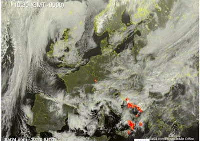 Satellite showing the weather in Europe on 28 February, with cloud cover across Vienna and some storms in areas of the Mediterranean (red squares). Delegates can expect a 'quiet' week in regards to weather, with little fluctuation in temperature. Satellite image courtesy of Sat24.com.